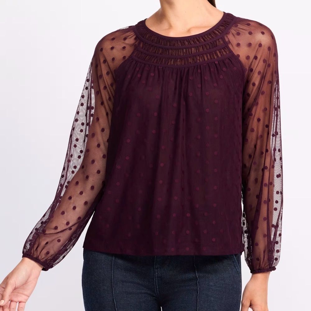 LES SEREIN Swiss Dot Sheer Sleeve Knit Top Purple 1X NWT STITCH FIX